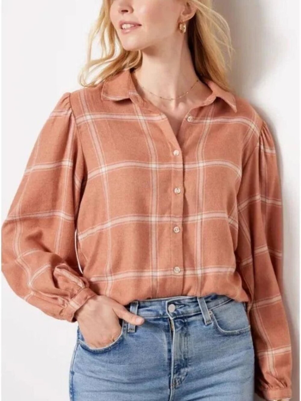 Z Supply Flannel Plaid Button Down Puff Sleeved Shirt Size XL Cream/Clay Color